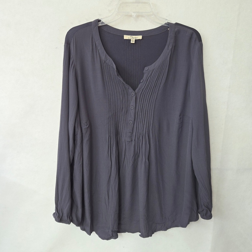 Serein Top Womens 1X Gray Long Sleeve Pleated V Neck Button Up‎ Rayon Spandex